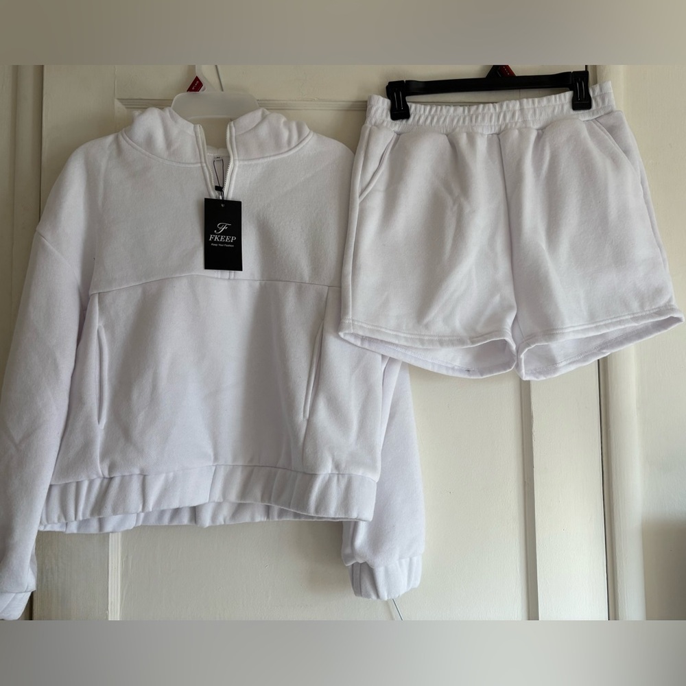 White Fleece Pullover and Shorts Set